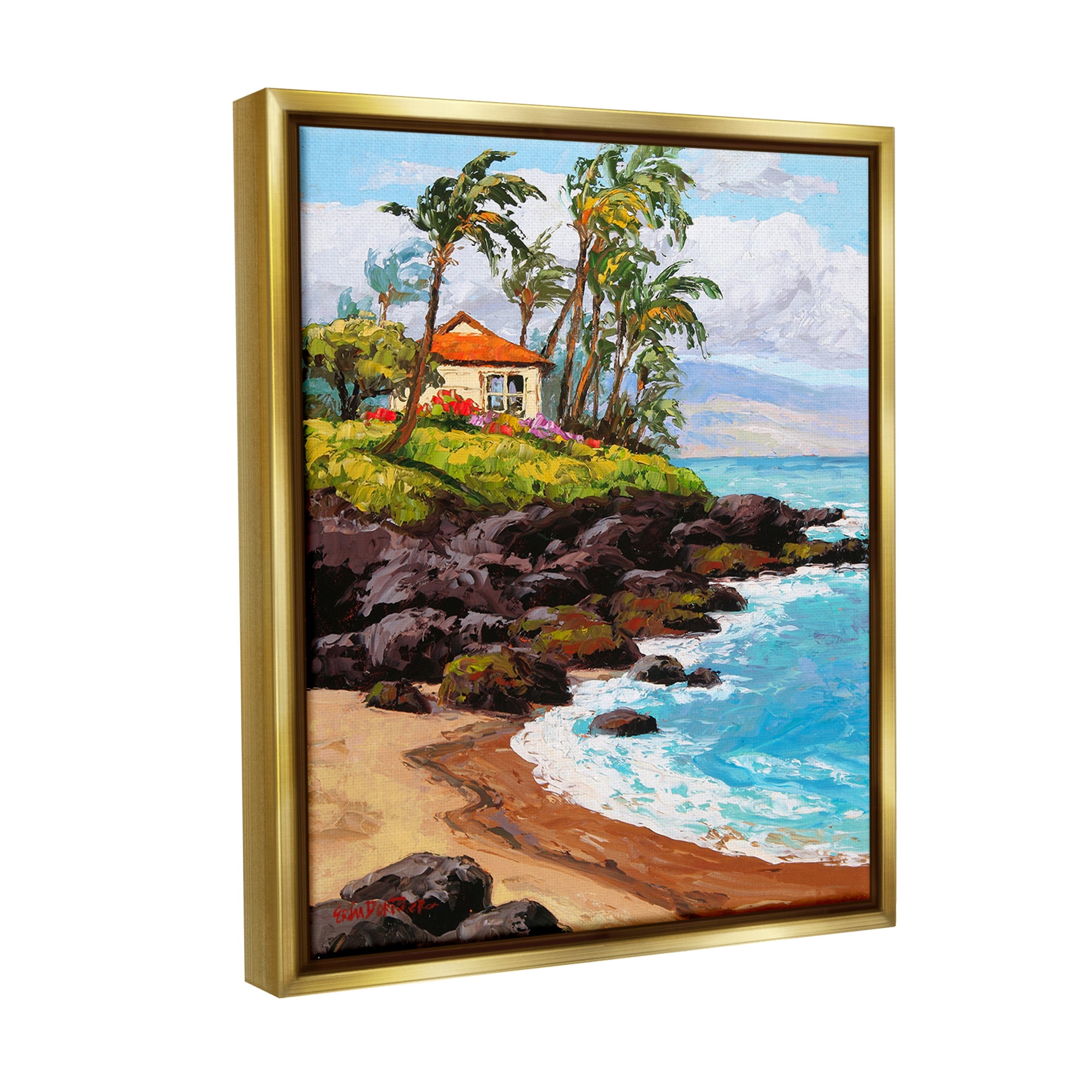 Stupell Industries Tropical Cottage Cove Landscape Painting Gold Floater Framed Canvas Art Print Wall Art, 17 x 21