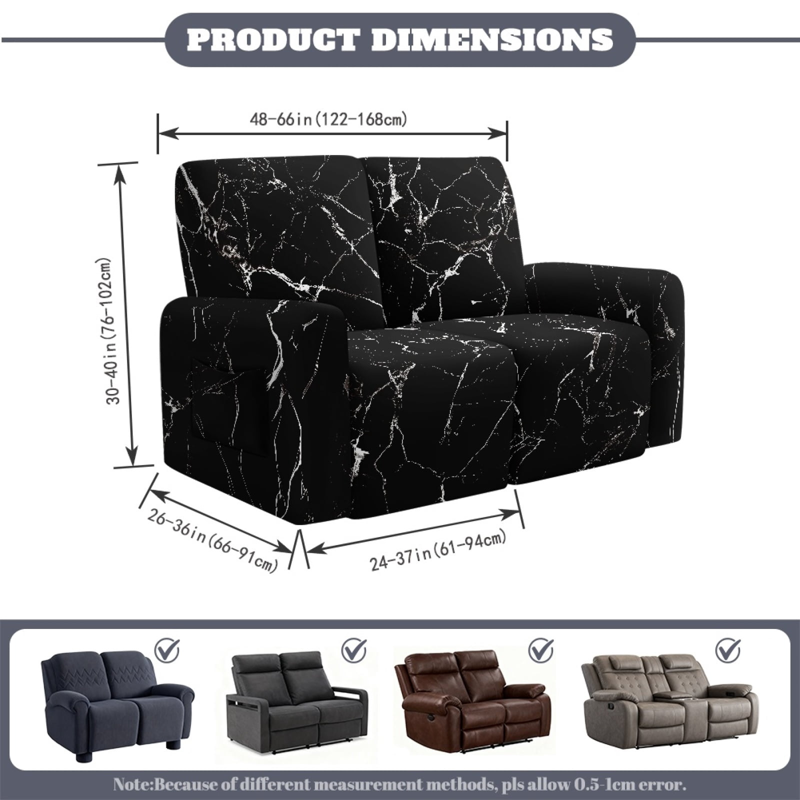 Xoenoiee Black Marble Print Recliner Loveseat Cover, Stretch Reclining Sofa Covers with Pockets, Washable Lazy Boy Recliner Slipcovers, Leakproof Couch Protector for Kids, Pets