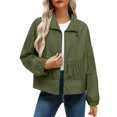 thumbnail image 1 of Veste Courte Légère à Fermeture Éclair pour Femme Style Bomber Plissé avec Poches à Rentrer, Anorak Utilitaire d'Automne Court Décontracté, Vert Armée, P, 1 of 7