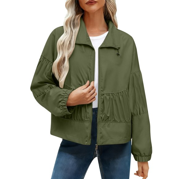 Fall Cropped Jackets Women Lightweight Zip up Jackets Fashion Ruched Lapel Collar Long Sleeve Coats Outerwear
