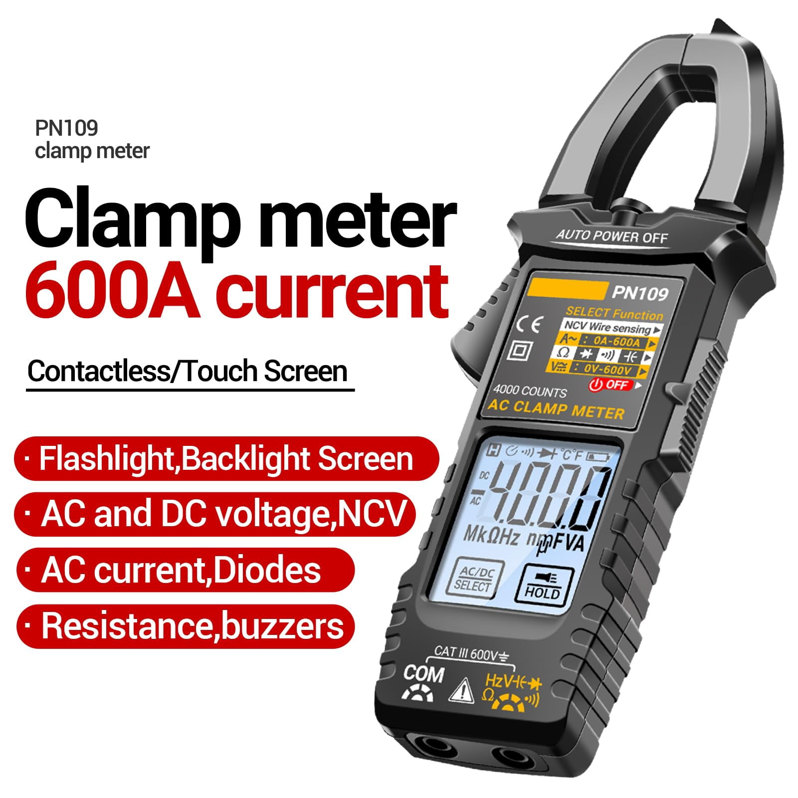 PN109 Multimeter 4000 Counts Digital Display Clamp Meter Tester Battery Operated(NOT Included)
