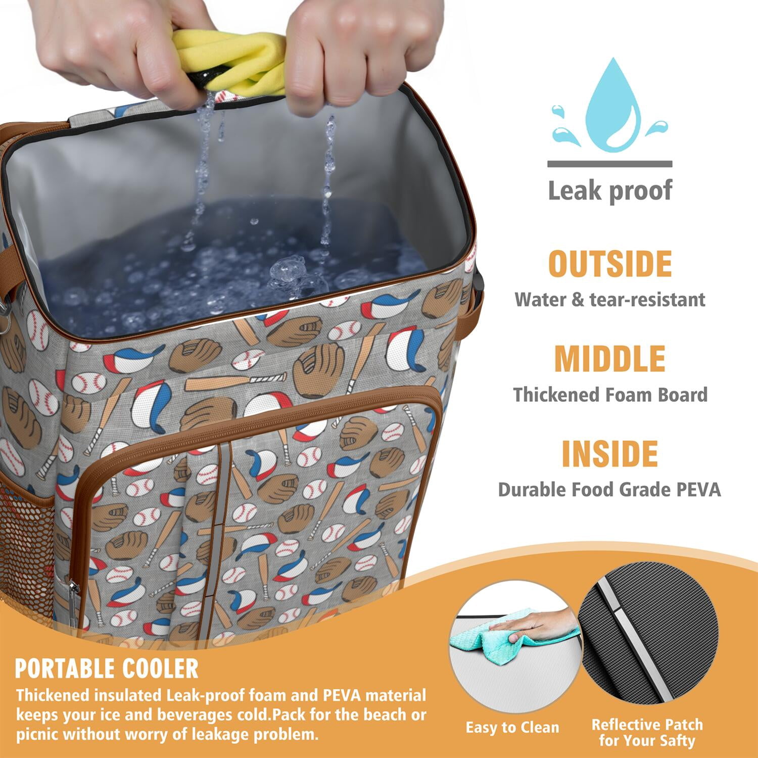 Travel Cooler Bag - Baseball Items Pattern Camping Beer Cooler Backpack with Bottle Opener- Waterproof Insulated Picnic Backpacks - Cooler Bag for Beach