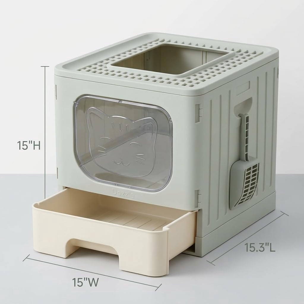 Enclosed Cat Litter Box with Lid, High-Sided Kitty Litter Pan with Drawer and Scoop, Grey