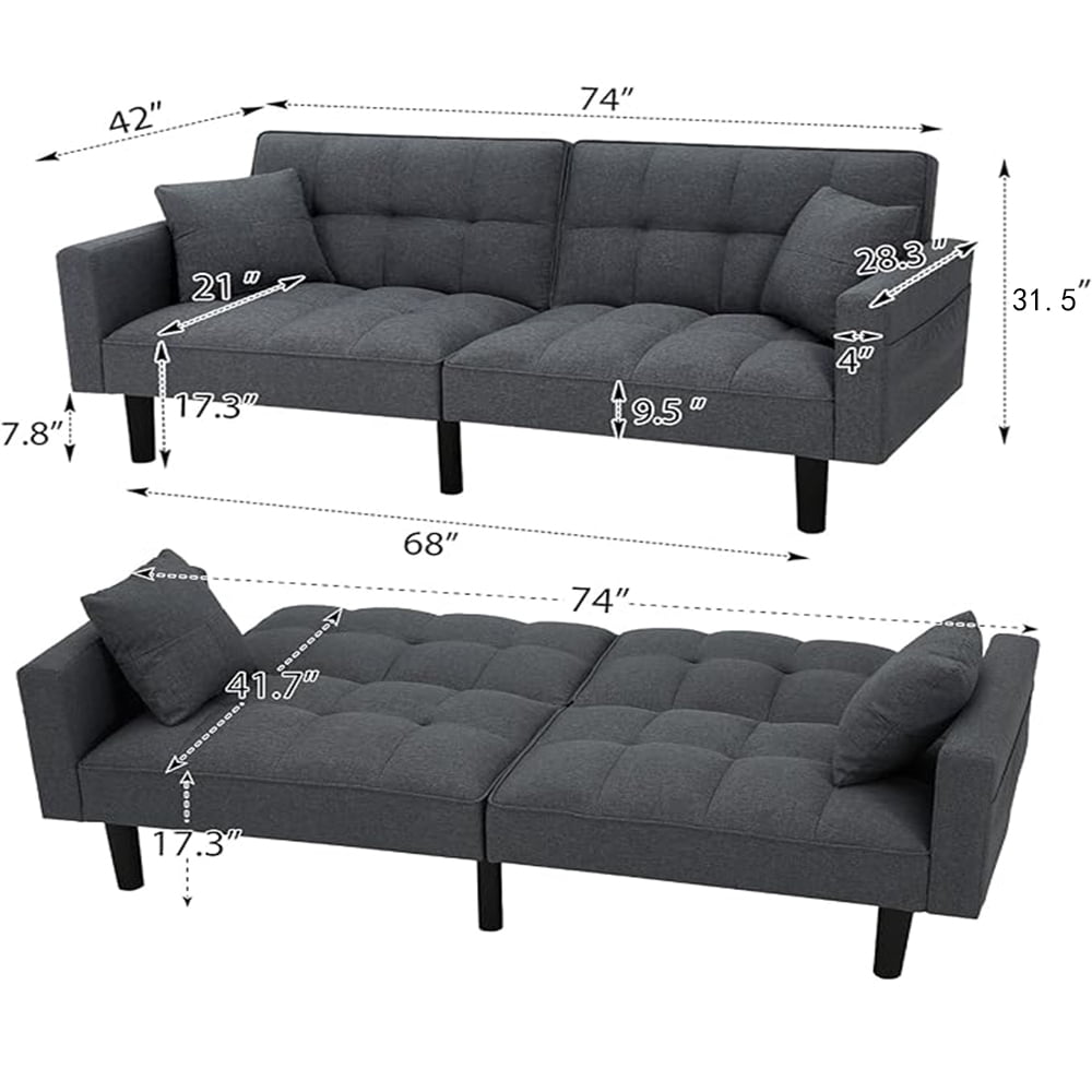 AVAWING Modern Upholstered Sofa Bed, Convertible Sectional Sofa, Upholstered Futon Linen Tufted Couch w/ 2 Pillows, Apartment, Gray