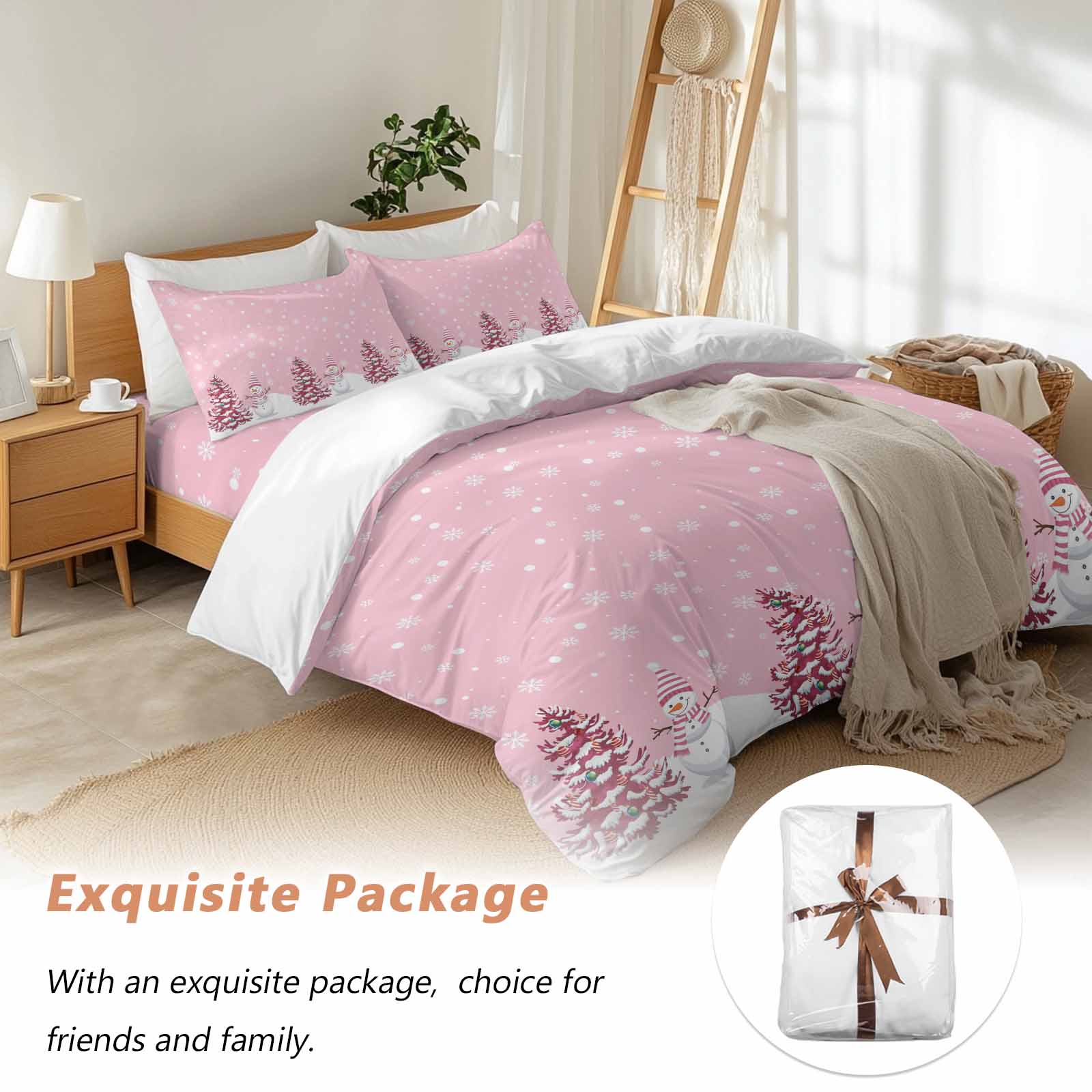 Pink Christmas Bedding Duvet Cover Set King Size 4 Pieces Snowman Christmas Tree Winter Snowflakes Bedding Set with Zipper Closure, 1 Comforter Cover 92x106 Inches 1 Flat Sheet & 2 Pillow Cases