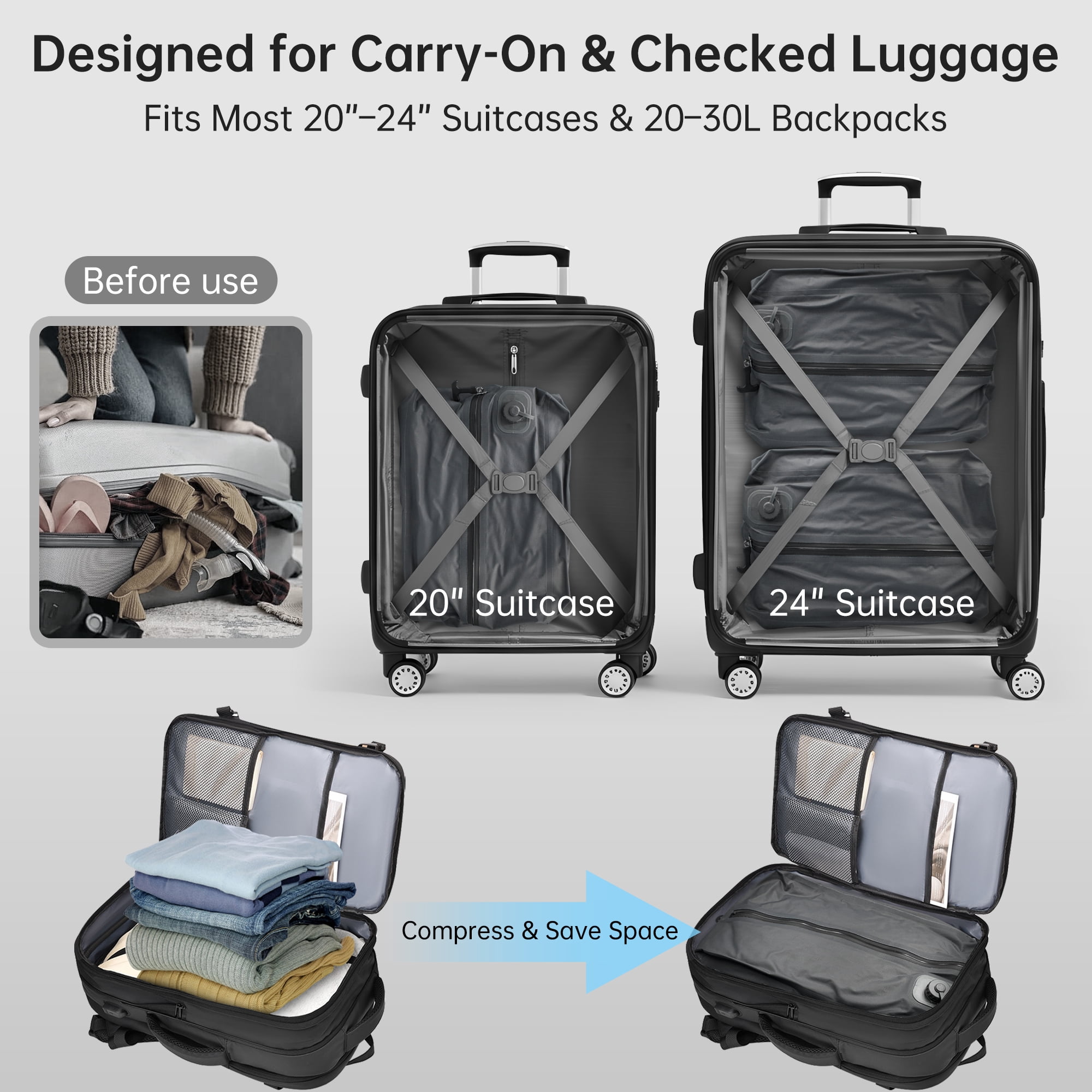 Sentryse 2-Pack Vacuum Bag for Travel, 16L TPU Vacuum Compression Bag for Carry on Suitcases & Backpack, Waterproof, Built-In Electric Pump, Space-Saving Travel Organizer, Black