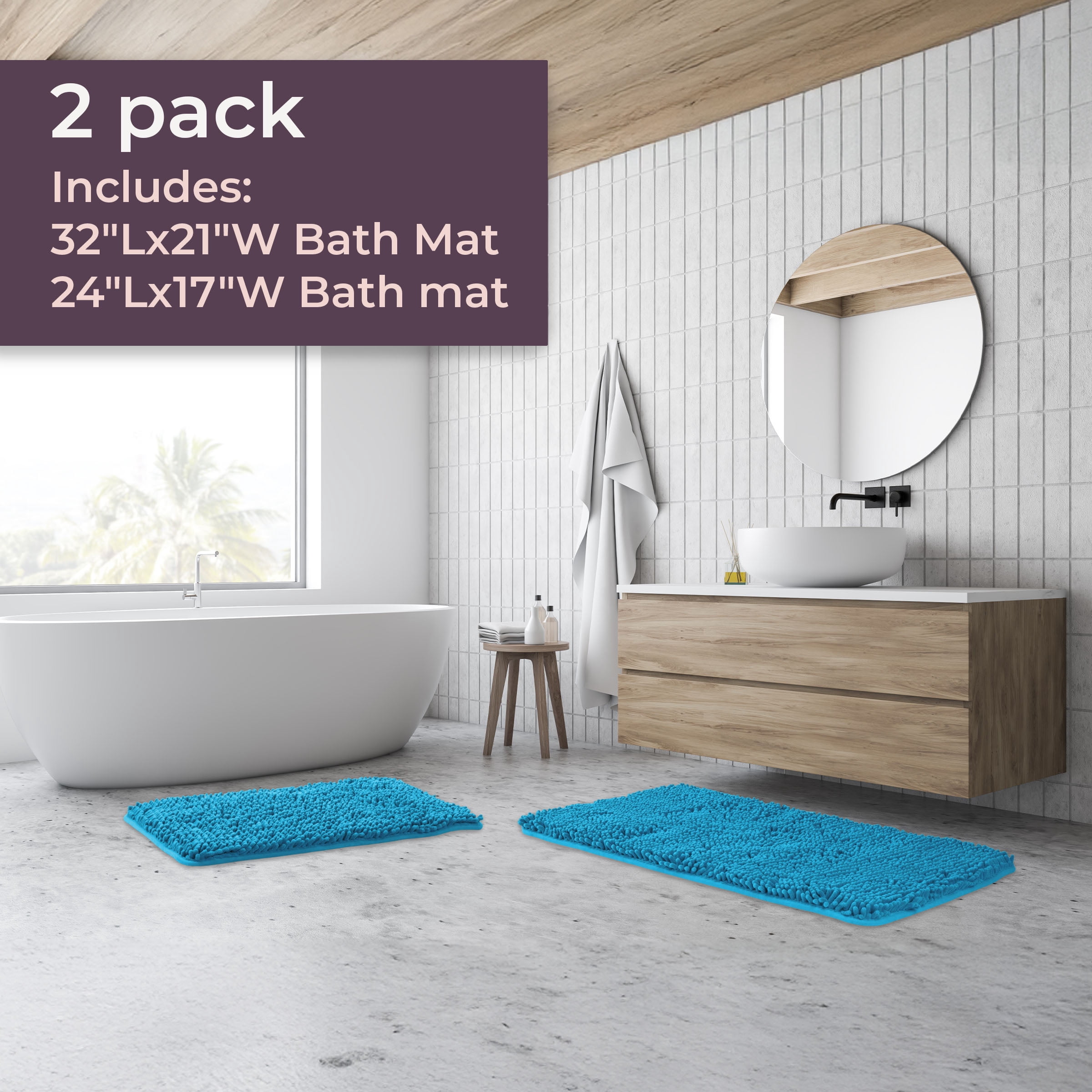 Lavish Home 2-Piece Memory Foam Bath Mat Set with Non-Slip Base (Blue)