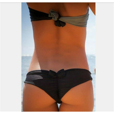 Sexy Women Bikini Bottoms Thong Bowknot Brazilian V Cheeky Ruched Beach Swimwear Black