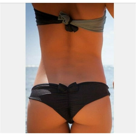 Brazilian Side Tie Thong Bikini - Sexy Women Bikini Bottoms Thong Bowknot Brazilian V Cheeky Ruched Beach Swimwear Black S