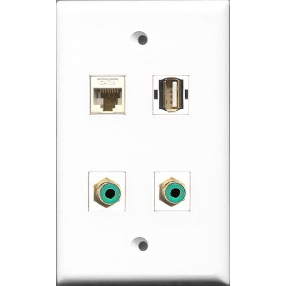 RiteAV - 2 Port RCA Green and 1 Port USB A-A and 1 Port Cat6 Ethernet White Wall Plate