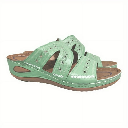 

SHZHYIQIMR Solid Footwear Retro Open Toe Slides with Round Toe and Wedge Heel