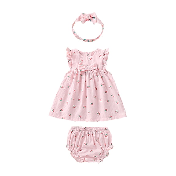 ibuvkizy Girls Summer Dresses Baby Princess Dress Toddler Kids Girls Flowers Print Pattern Outfit Bow Three-piece Toddler Birthday Party Gown Kids Cute