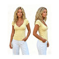 thumbnail image 2 of LMLYSoH Womens Summer T Shirt Short Sleeve Cross Front V Neck Solid Color Casual Slim Fit Tops, 2 of 7