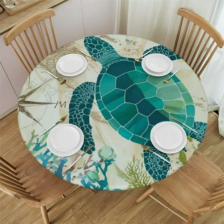 

Orinice Turtle Seaweed Map Round Table Cover Stain Resistant Washable Indoor Outdoor Tablecloth Kitchen Dining Wedding Parties Outdoor Fitted 100% Polyester Fiber 38-42