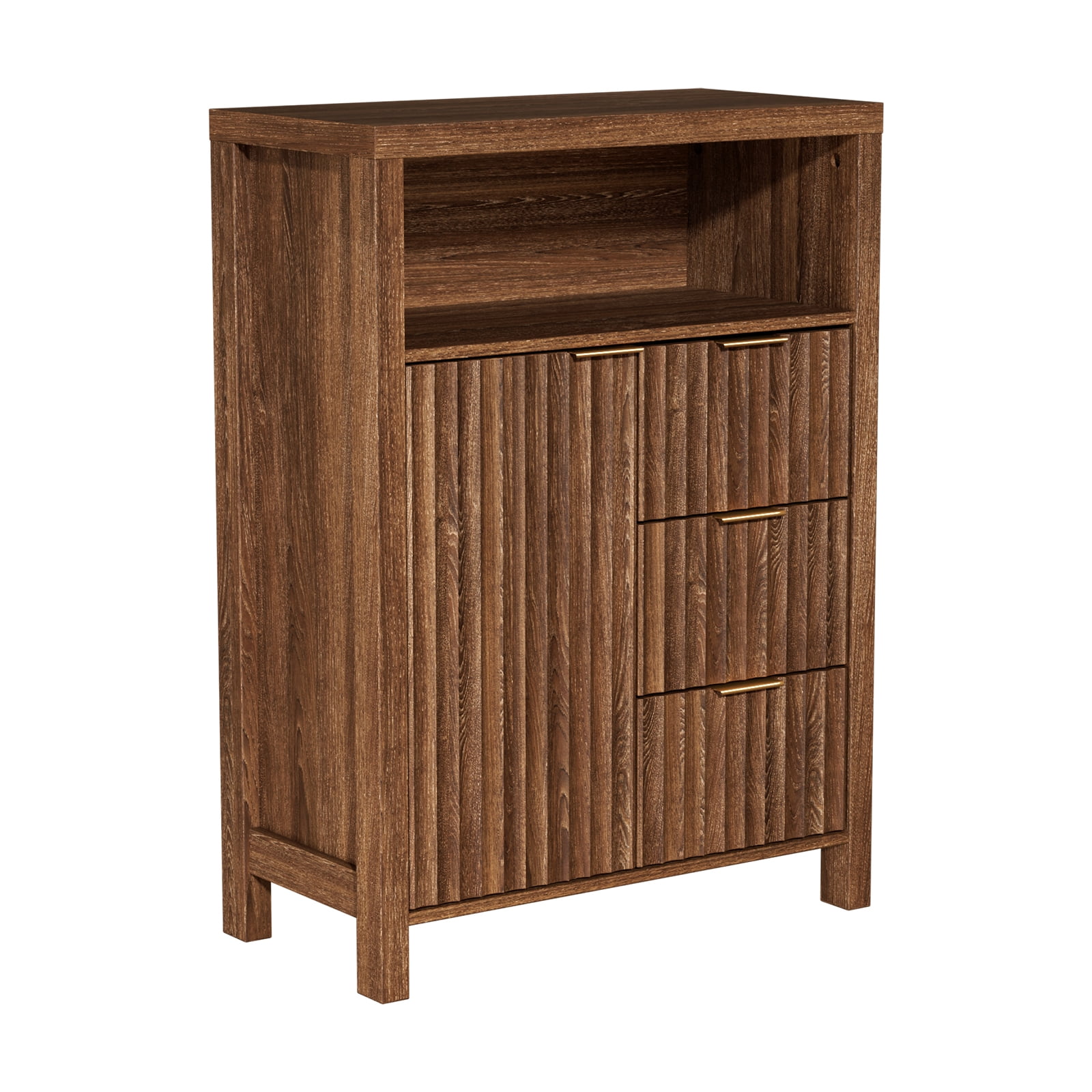 Ktaxon Fluted MDF Bathroom Floor Cabinet with Grille Single Door and Three Drawers, Walnut