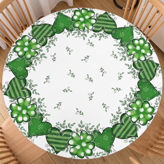 St. Patricks Day Round Fitted Tablecloth Best for 40"-44" White Green Table Cloth Shamrock Elastic Edge Waterproof Stain Resistant Washable Clover Table Cover for Party Picnic Indoor Decor