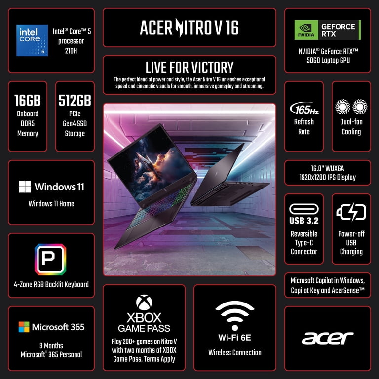 Acer Nitro V 16” WUXGA IPS 165Hz Gaming Laptop, Intel Core 5