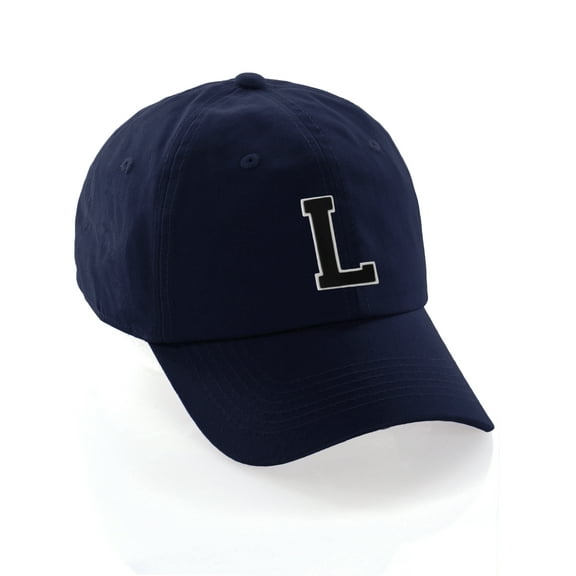 Customized Letter Intial Baseball Hat A to Z Team Colors, Navy Cap White Black Letter L