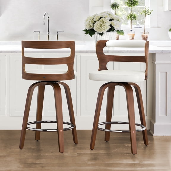 Dycanpo 26" Swivel Hollow Back Counter Bar Stools Set of 2, PU Leather Kitchen Island Chairs, Pure White