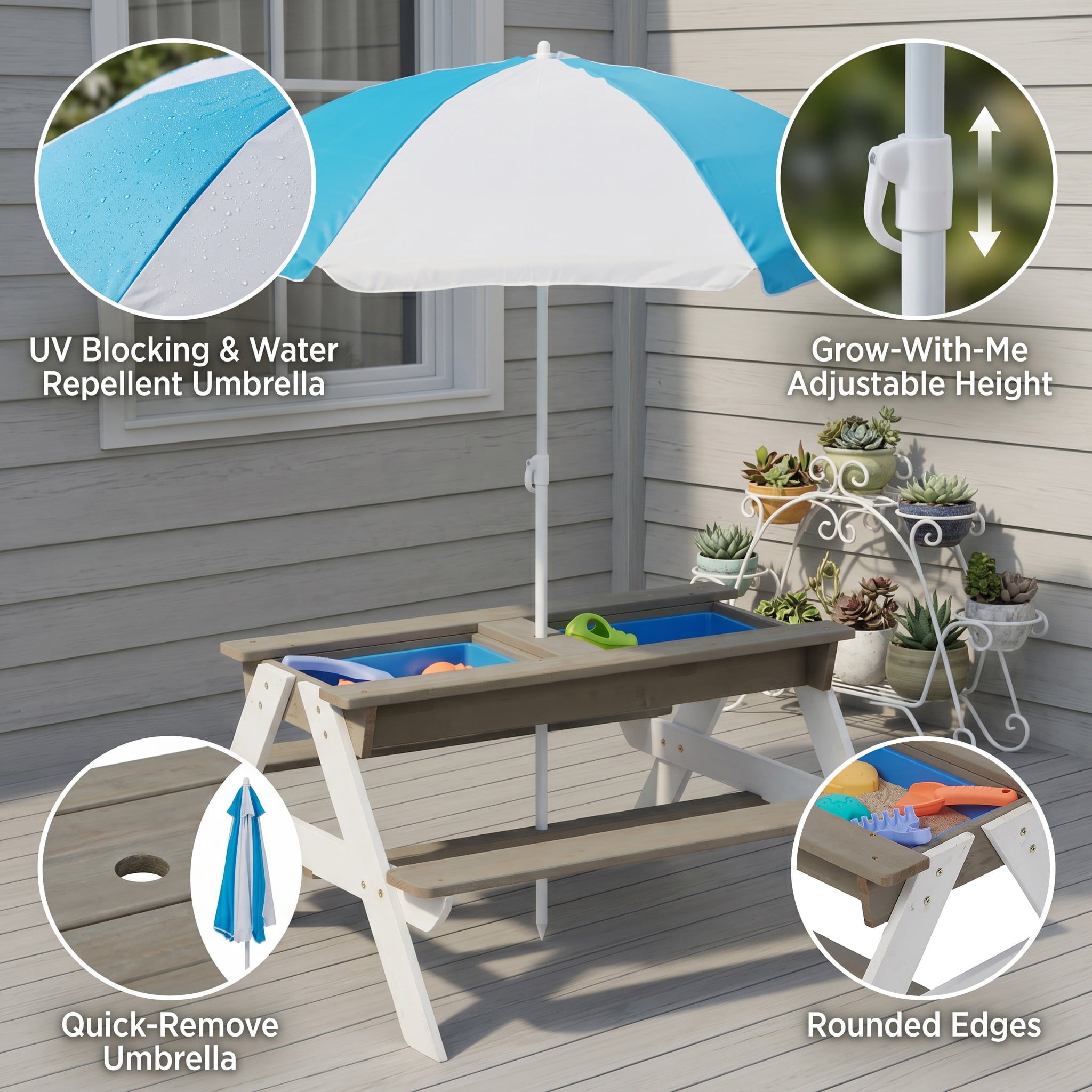 Wooden Kids Picnic Table, Sand and Water Table with Umbrella, Activity Table for Outdoor Backyard Patio Play