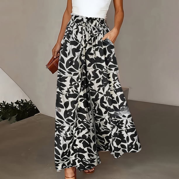 WILLBEST Pantalones Casuales de Verano para Mujer, Elásticos, de Cintura Alta, a Rayas, de Lino, con Pierna Ancha, Holgados, para Uso Diario. Chica