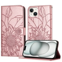 Wallet Phone Case for iPhone 13,Emboss Sunflower Design,PU Leather Flip Folding Kickstand,With Card Slots,Magnetic Closure Shockproof Protective Folio Wallet Phone Case,Rosegold