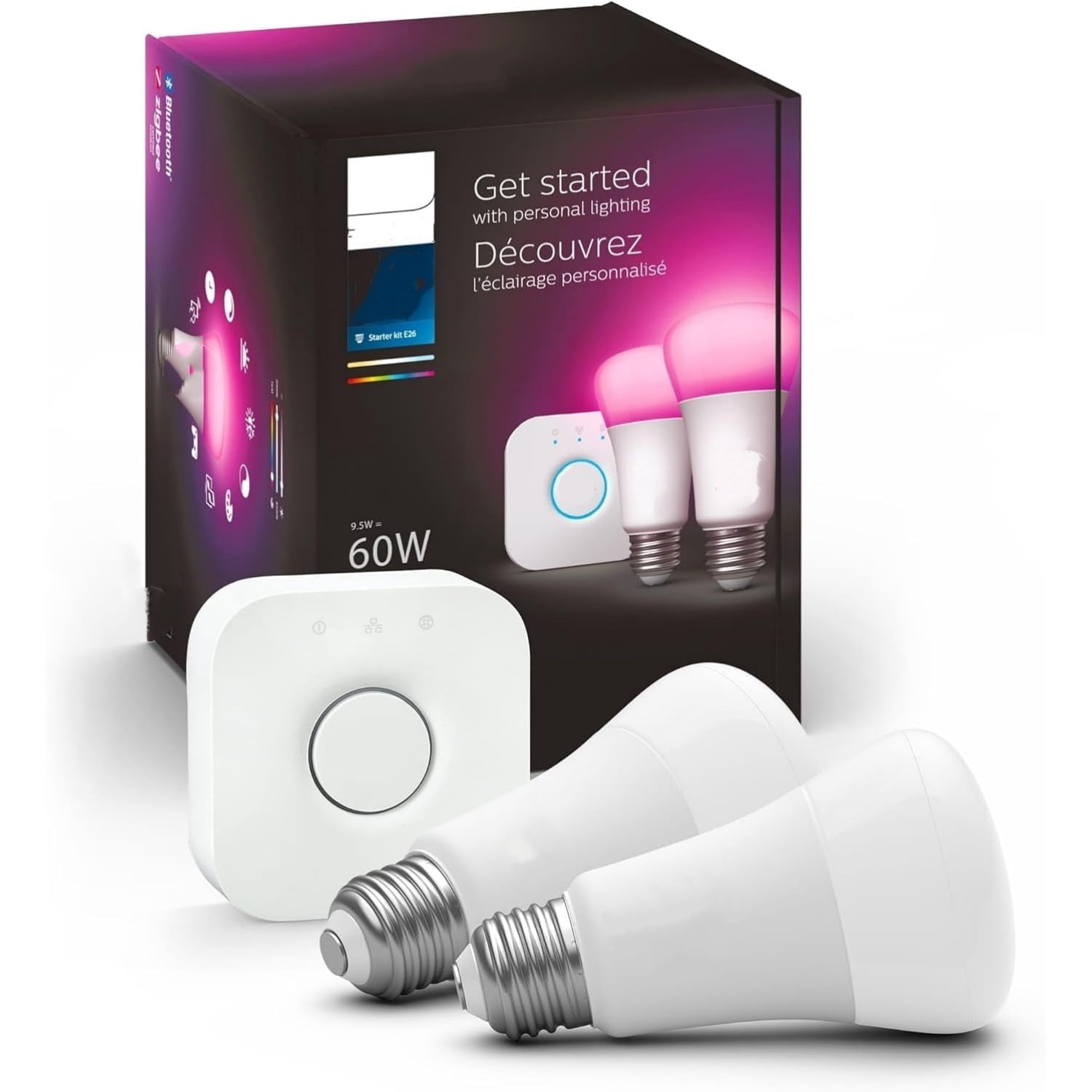 Smart Light Bulbs Starter Kit, Includes (1) Bridge, (2) 60W A19 Bulbs, White and Color Ambiance LED Color Changing Lights, 800LM, E26, Control with App or Voice Assistant