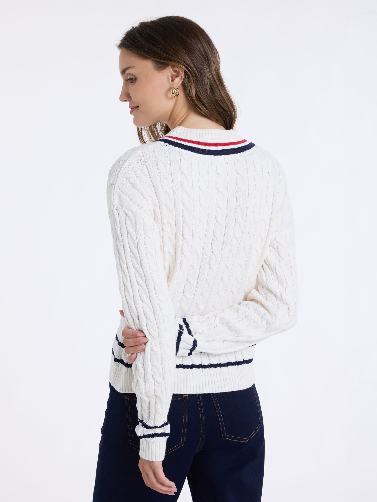 U.S. Polo Assn. Women's Varsity V-Neck Cable Sweater