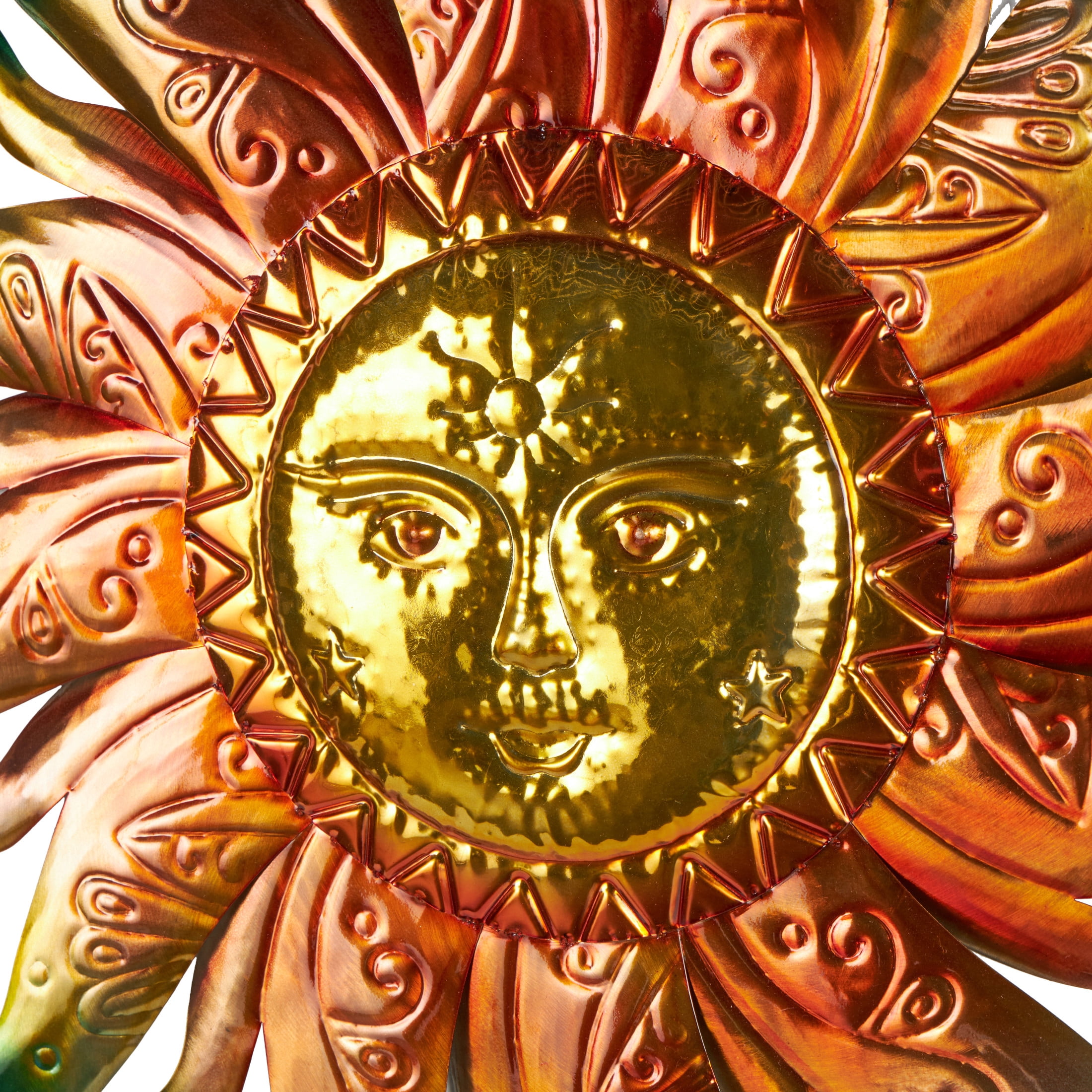 DecMode Gold Stainless Steel Metal Face Sun Wall Decor with Red, Green, and Orange Accents