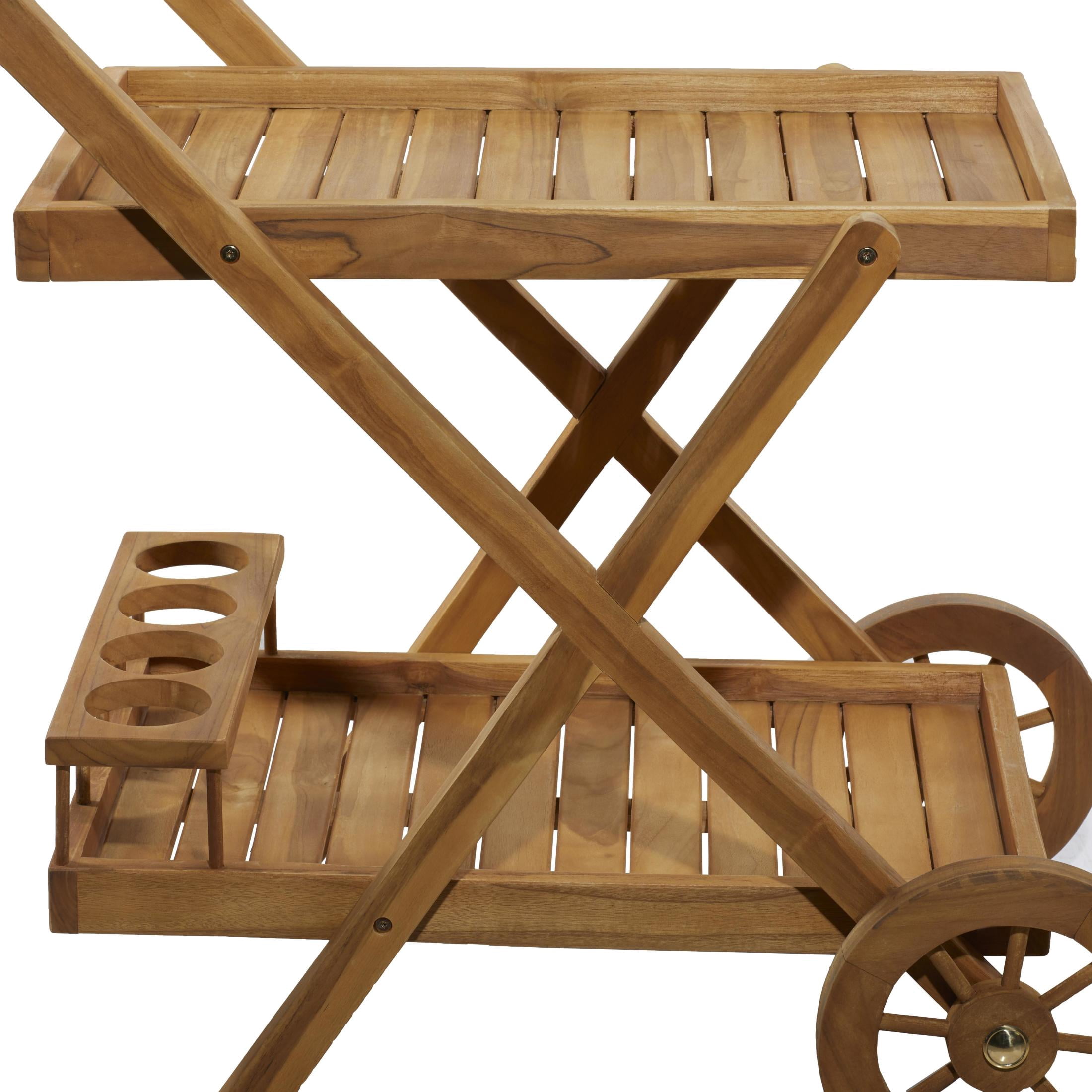 DecMode 32" x 32" Brown Teak Wood Indoor Outdoor Rolling 2 Shelves Bar Cart with Wheels and Handle, 1-Piece