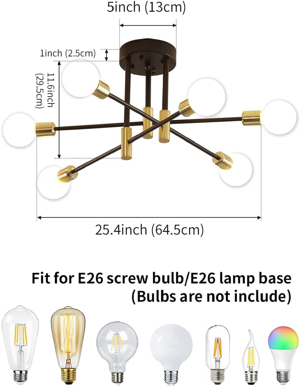 Neoglint 6-Lights Modern Mid Century Sputnik Chandelier, Semi Flush Mount Ceiling Light Fixture for Living Room Dining Room Kitchen Chandelier (Black Gold)