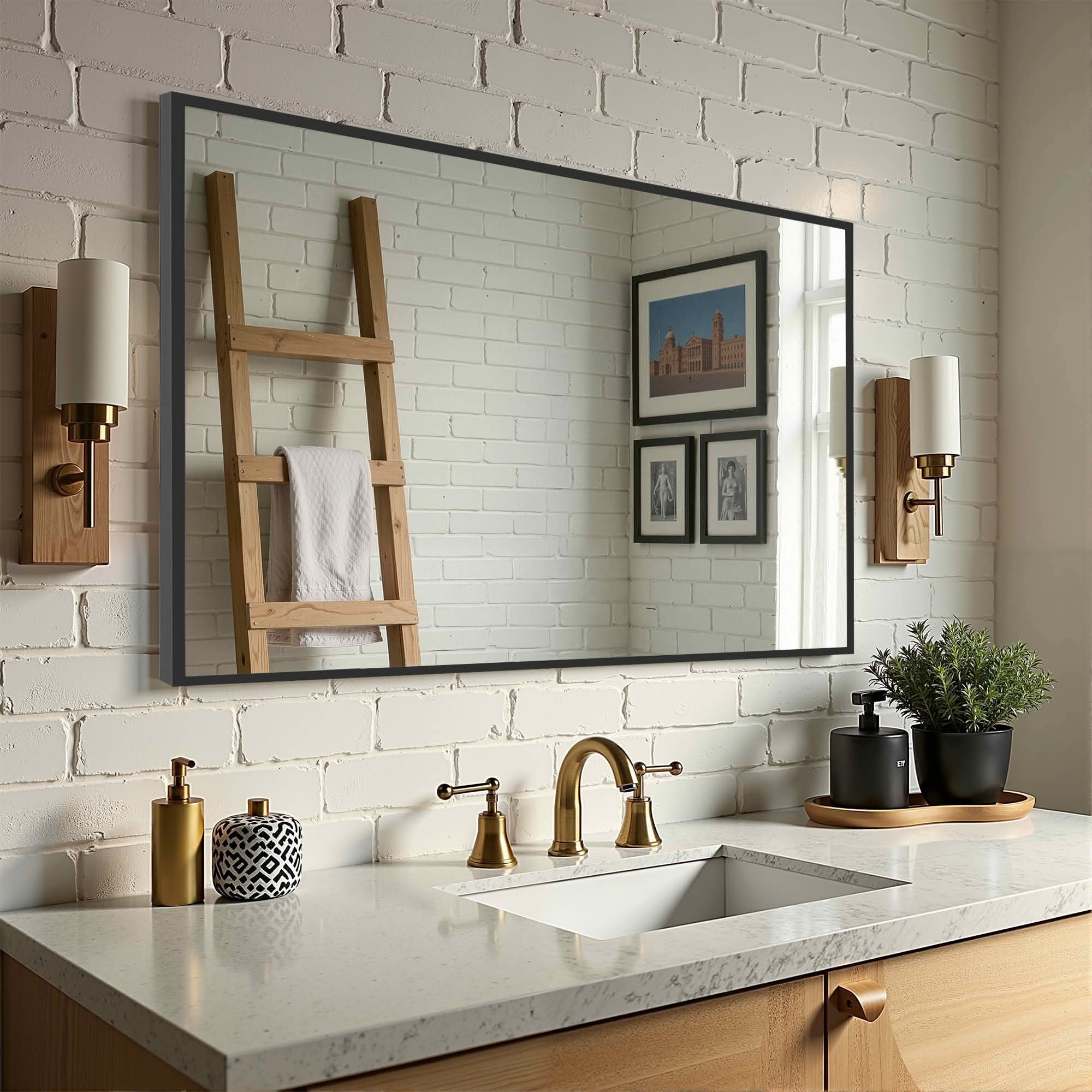 MAYEERTY 38x26x1 Inch Black Thin Edge Aluminum Right Angle Rectangular Wall Mounted Mirror, Double Sided for Bathroom