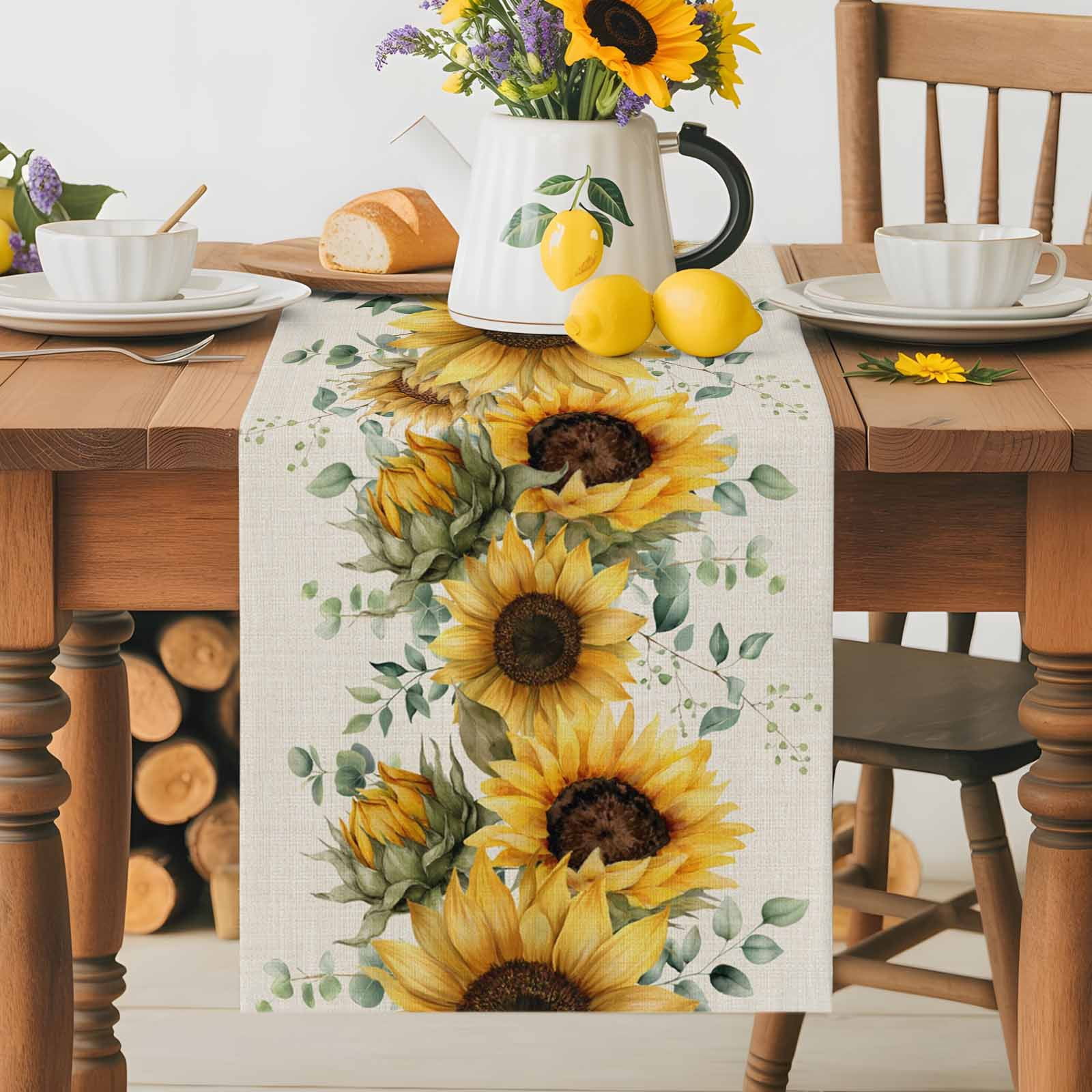 Farm Sunflower Eucalyptus Leaves Table Runner 90 Inches Long, Rustic Plants Retro Linen Table Runners Tabletop Scarf Kitchen Dining Tables Decoration for Home Party Indoor Outdoor