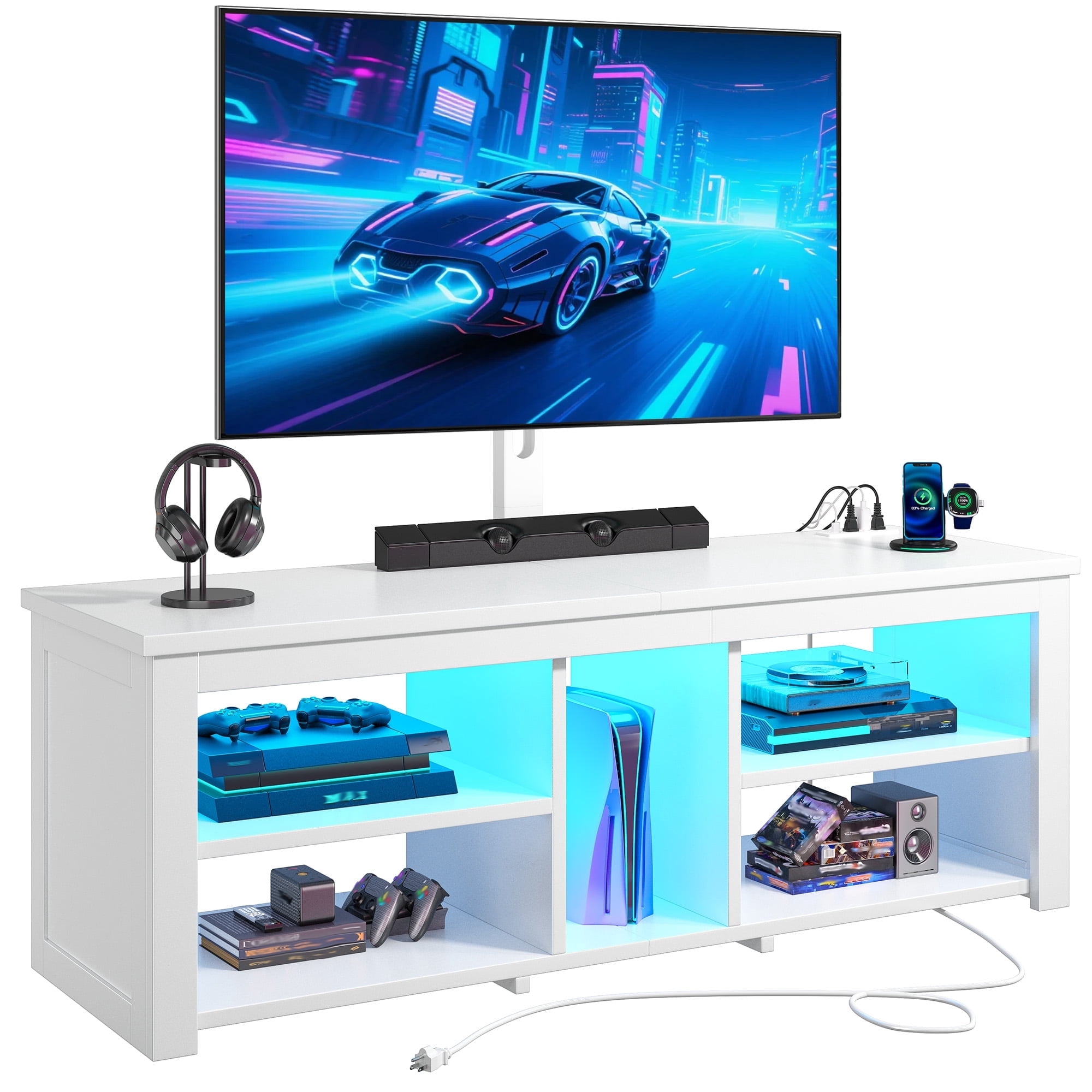 TV Stand with Mount & LED Lights for 70 inch TVs, Swivel Entertainment Center with Power Outlet, White