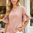 thumbnail image 5 of Xaqiouau Womens Gingham Ruffle Bell Sleeve Blouse Casual Crew Neck Check Print Summer Top, 5 of 7