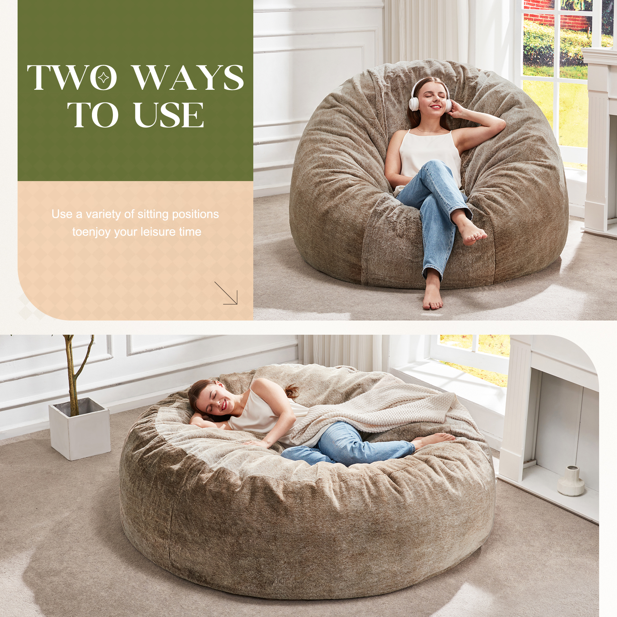 Hobestluk Bean Bag Chairs Giant Beanbag Chair with Filler, Memory Foam Bean Bags with Machine Washable Cover, Bean Bag Chairs for Adults for Living Room, Bedroom (BROWN, 6FT - 70" x 70" x 15")