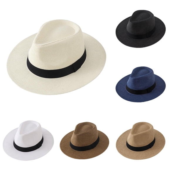 Men's Wide Brim Straw Sun Hat Breathable Summer Beach Outdoor Cowboy Style