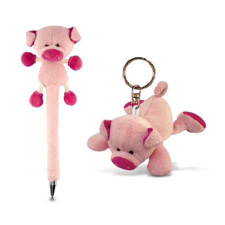 Puzzled Pig Plush Pen and Keychain - Animals Theme - Set of 2 - Unique and