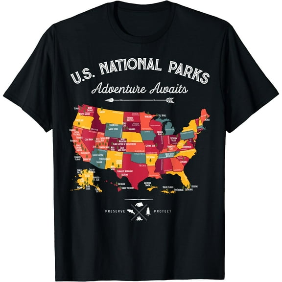 62 National Parks Map Gifts Shirt Women US Park Vintage Camping Hiking T-Shirt Black Small