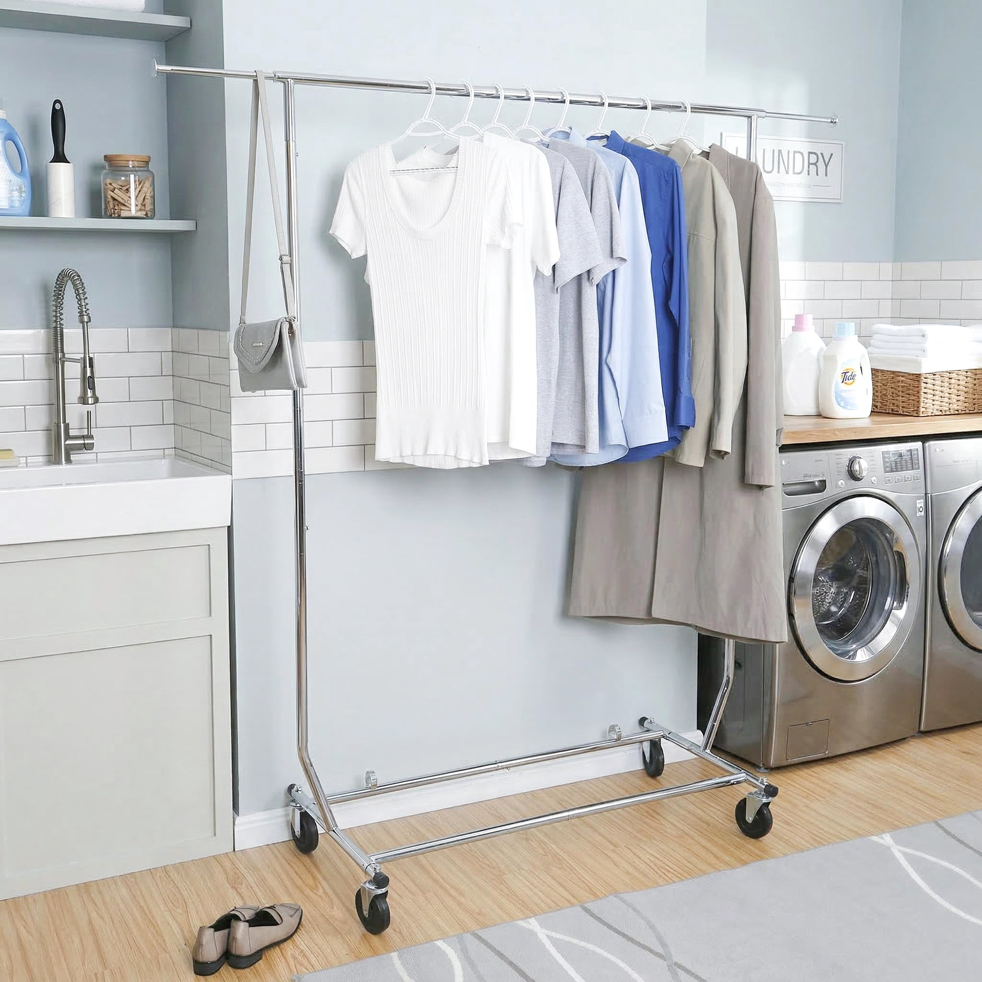 Better Homes & Gardens Folding Rolling Adjustable Garment Rack, Chrome