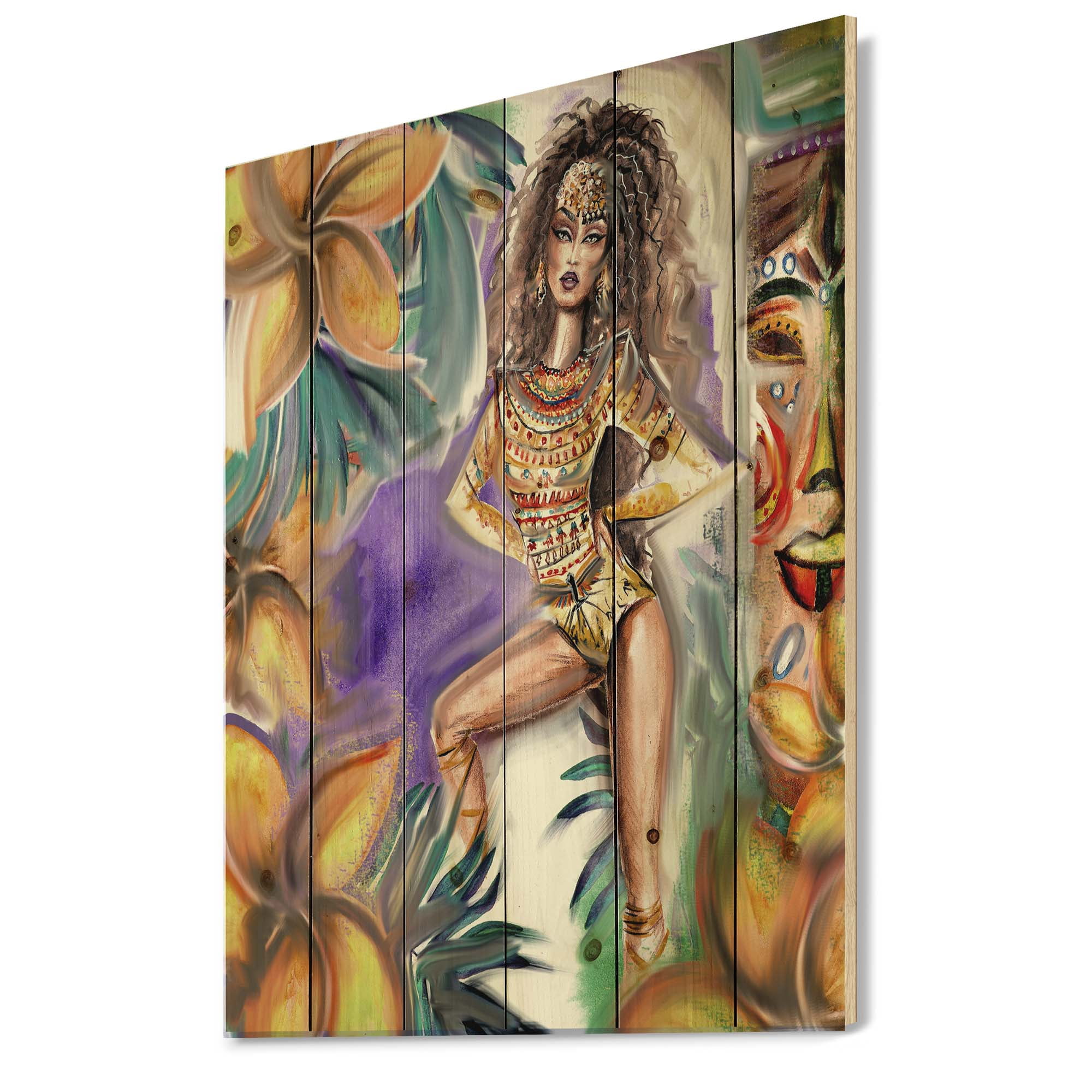 Designart 'Tropical Amazon Warrior Woman ' Traditional Print on Natural Pine Wood