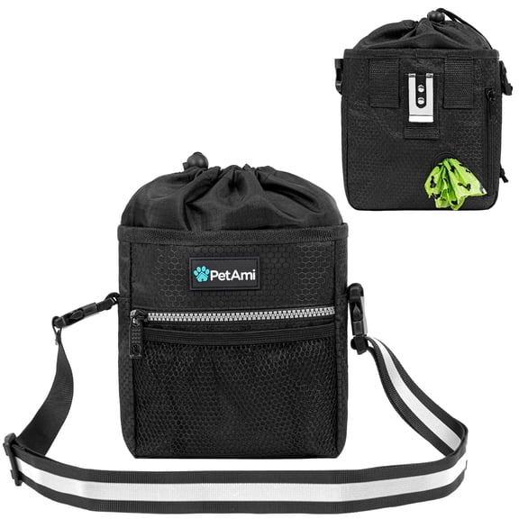 PetAmi Dog Treat Pouch, Pet Treat Pouch For Training, Dog Walking Bag Holder for Kibbles, Pet Food Toy, Dog Trainer Essentials Supplies, Poop Bag Dispenser, 3 Ways to Wear (Black)