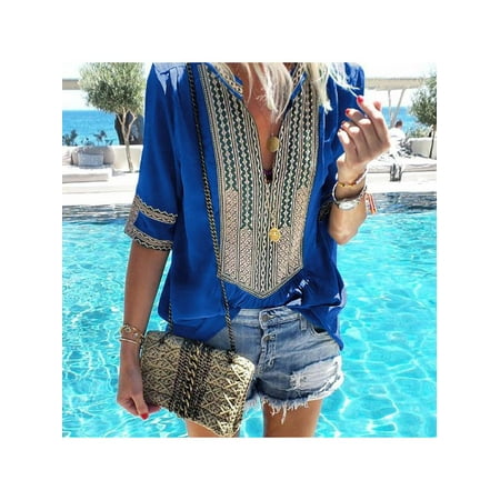 Casual Half Sleeve - MarinaVida Women Bohemian V-neck Sexy Half Sleeve T-shirt Loose Casual Striped Print Blouse tops Tee