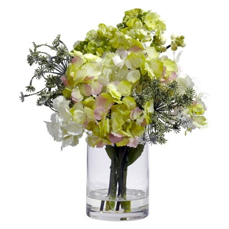 Nearly Natural Hydrangea Silk Flower Arrangement Nearly Natural Hydrangea Silk Flower Arrangement - Cream/Green Poofy  Pretty  and Perfect  this Hydrangea silk flower arrangement will please flower lovers everywhere. Several intriguing Hydrangea blooms spout forth from a simple clear vase (complete with liquid illusion faux water)  creating a look that will brighten up any area it adorns. And best of all? The sunny look will brighten your home or office for a lifetime. Height: 14    Width: 10    Depth: 10  . Category: Silk Arrangement. Color: Cream/Green. Vase: W: 4 in  H: 6 in Brand: Nearly Natural Model Number: 1368-4779Shipping Details