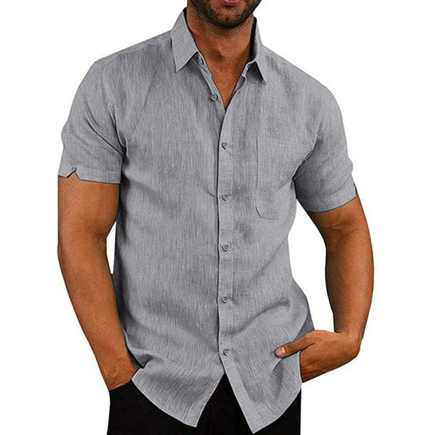 Hombre Camisa De Lino Para Hombre Manga Corta Con Botones