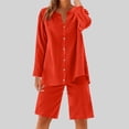 thumbnail image 2 of UAMVSH Women Button down Two Piece Sets Plus Size Cotton Linen Long Sleeve Shirts and Drawstring Bermuda Shorts Beach Outfits(Large,Red 1), 2 of 7