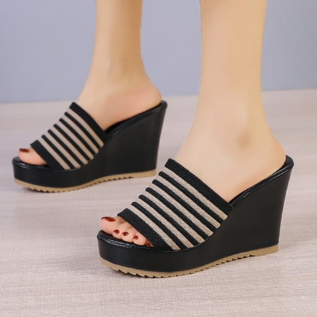 

HIBRO Ladies Fashion Knit Fabric Striped Fish Mouth Platform Wedge Heel Casual Slippers