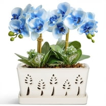 BUYMAX 10×5 inch White Leaf Rectangle Ceramic Orchid Pot with Holes, Heavy Duty Ceramic Planter with Drainage and Tray, Accommodates 2 Orchids