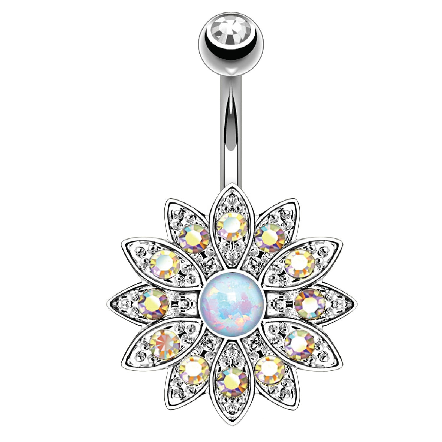 Petite Silver Cubic Zirconia Paved Flower Belly Ring with Opal Centre 