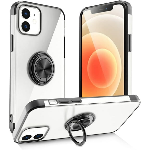 Crystal Clear iPhone 12 Case with Magnetic Stand [360° Rotatable Ring Holder Kickstand][Non-Yellowing] Transparent TPU Slim Shockproof Protection Phone Case for iPhone 12 Black